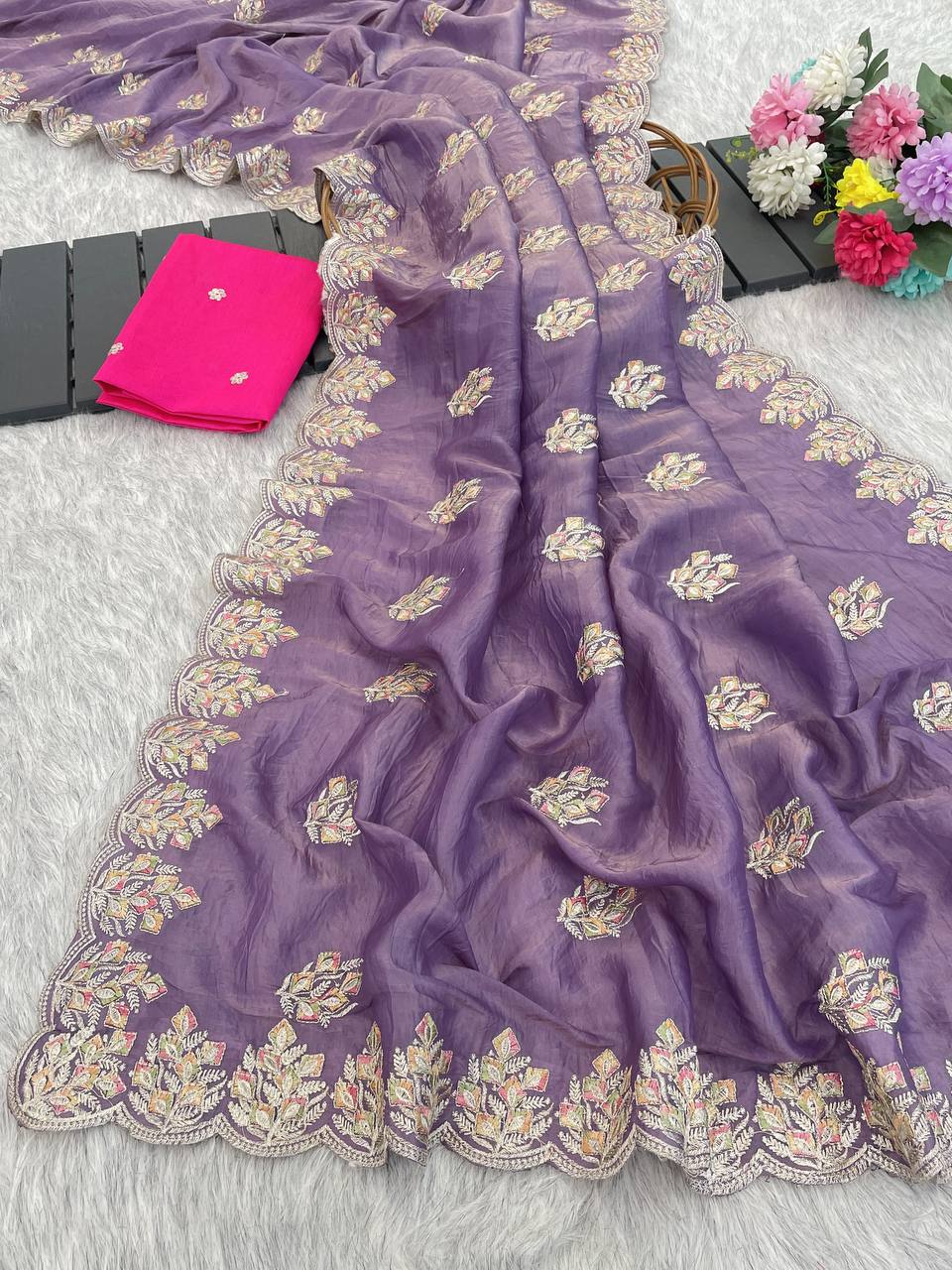 Dusty Purple Premium Gold Crush Silk Saree with Multi-Thread C-Pallu Embroidery & Arch Cutwork Border