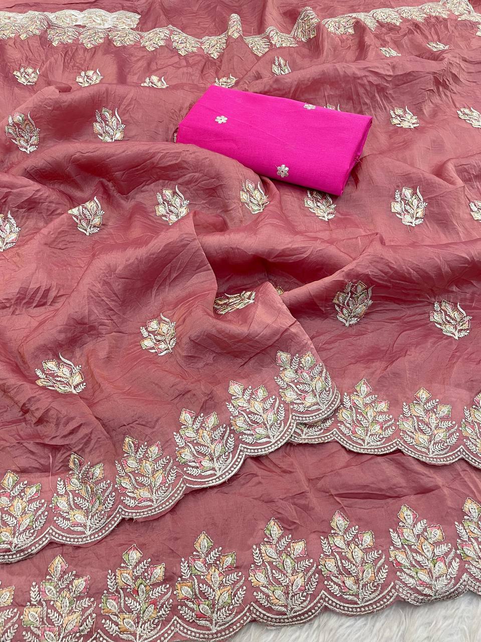 Muted Rose Pink Premium Gold Crush Silk Saree with Multi-Thread C-Pallu Embroidery & Arch Cutwork Border