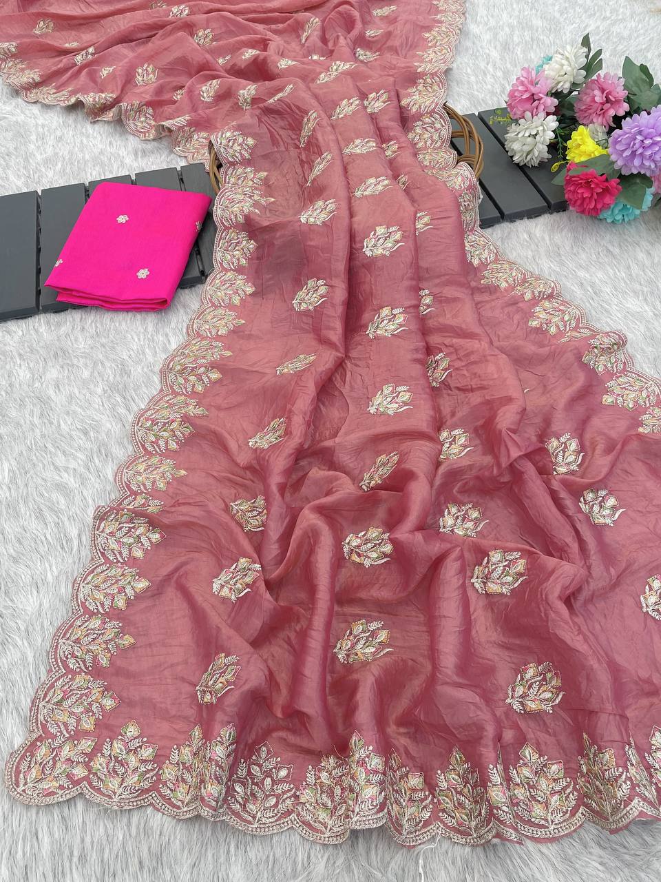 Muted Rose Pink Premium Gold Crush Silk Saree with Multi-Thread C-Pallu Embroidery & Arch Cutwork Border