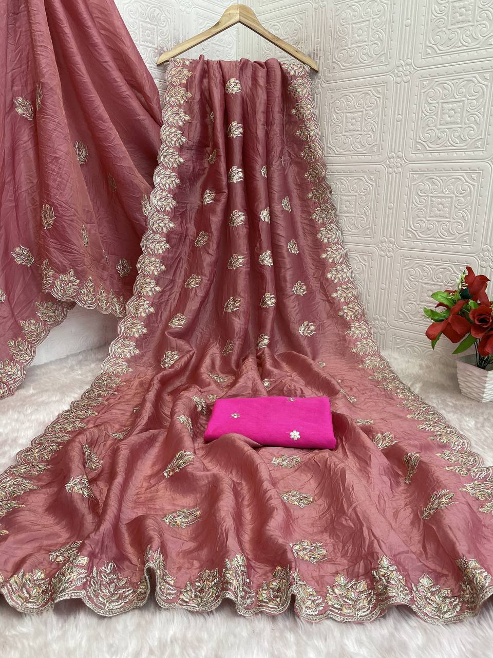 Muted Rose Pink Premium Gold Crush Silk Saree with Multi-Thread C-Pallu Embroidery & Arch Cutwork Border