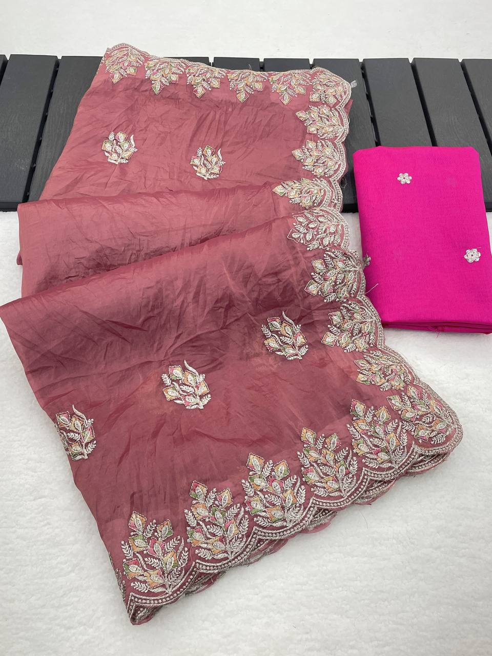 Muted Rose Pink Premium Gold Crush Silk Saree with Multi-Thread C-Pallu Embroidery & Arch Cutwork Border