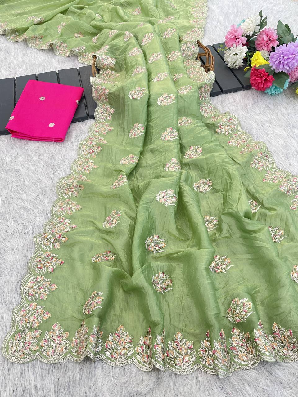 Sage Green Premium Gold Crush Silk Saree with Multi-Thread C-Pallu Embroidery & Arch Cutwork Border