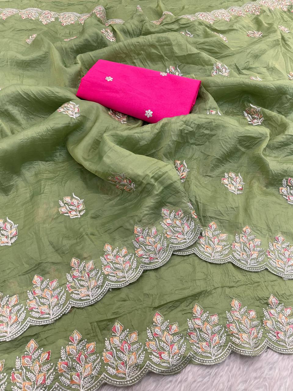 Sage Green Premium Gold Crush Silk Saree with Multi-Thread C-Pallu Embroidery & Arch Cutwork Border