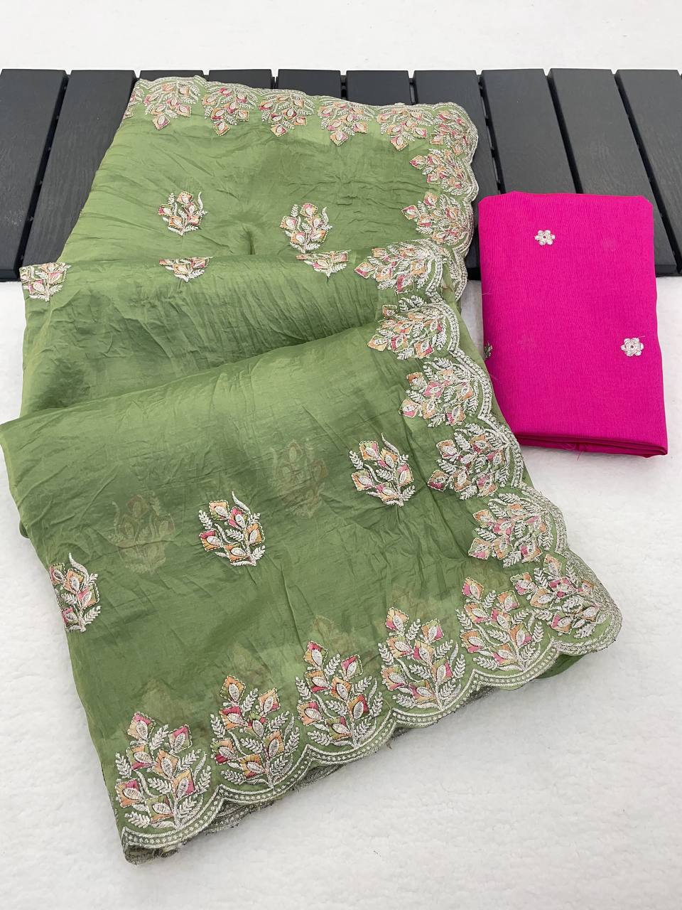 Sage Green Premium Gold Crush Silk Saree with Multi-Thread C-Pallu Embroidery & Arch Cutwork Border