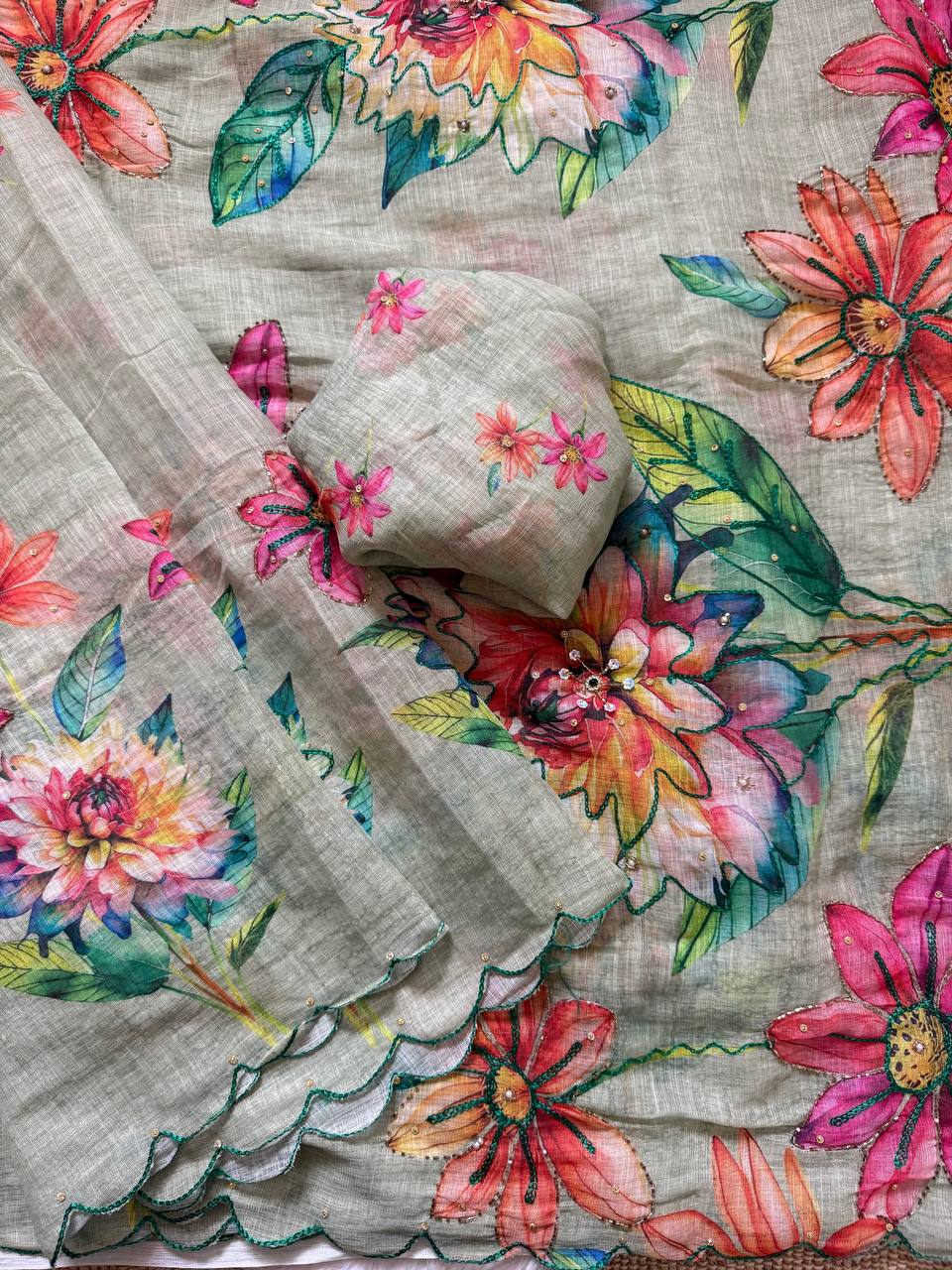 Premium Soft Linen Silk Saree With Digital Print And Khatli Work