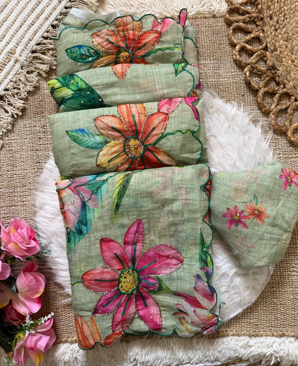 Premium Soft Linen Silk Saree With Digital Print And Khatli Work