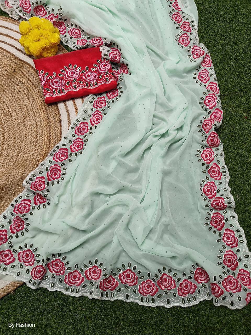 Mint Green Soft Georgette Floral Embroidery Saree with Red Embroidered & Plain Double Blouse