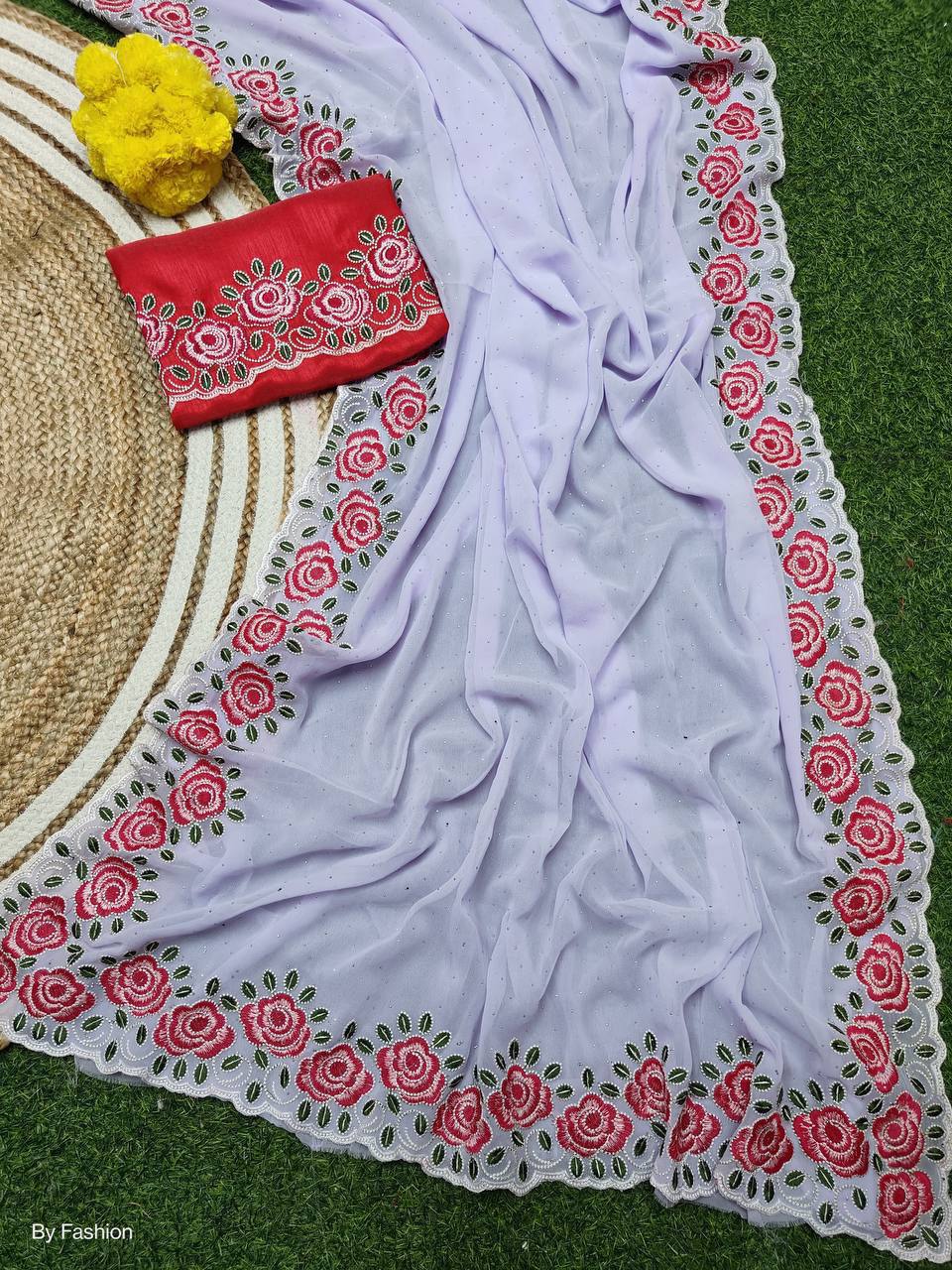 Lavender Soft Georgette Floral Embroidery Saree with Red Embroidered & Plain Double Blouse