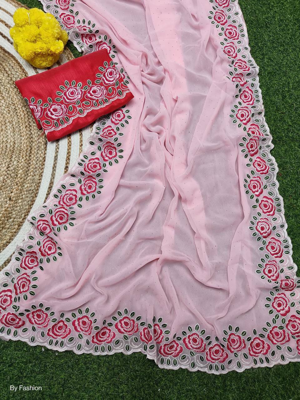 Baby Pink Soft Georgette Floral Embroidery Saree with Red Embroidered & Plain Double Blouse