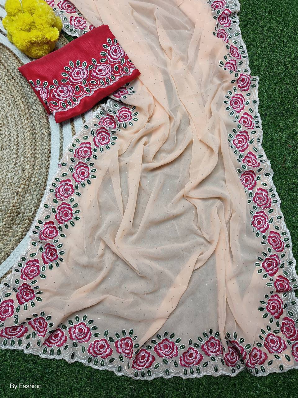 Peach Soft Georgette Floral Embroidery Saree with Red Embroidered & Plain Double Blouse