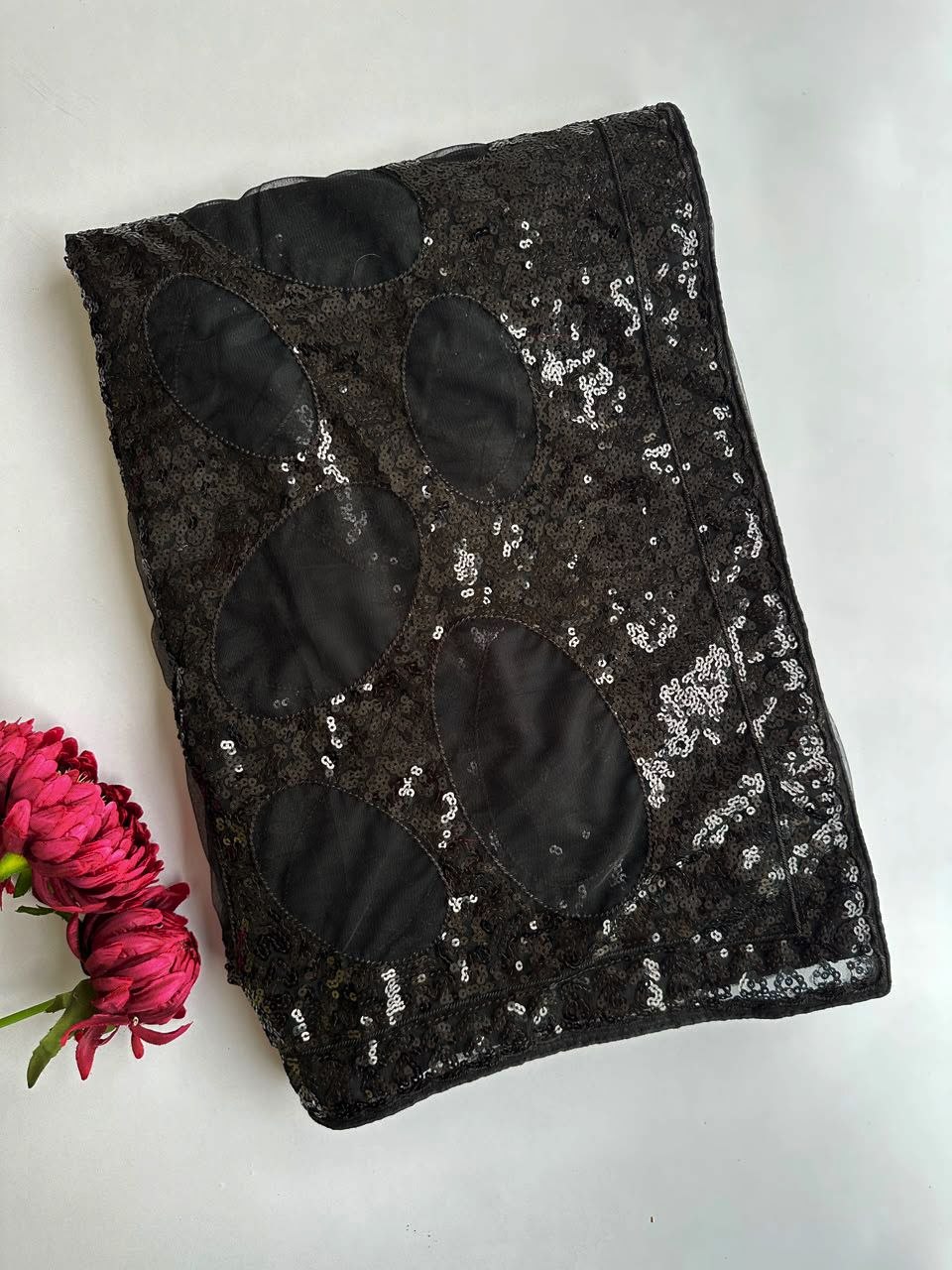 Black Net Saree with Tone-on-Tone Circular Ring Sequin Embroidery