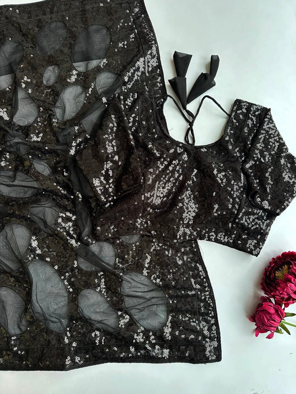 Black Net Saree with Tone-on-Tone Circular Ring Sequin Embroidery