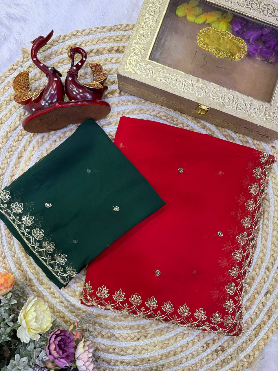 Red Georgette Sequence And Bids Work Saree