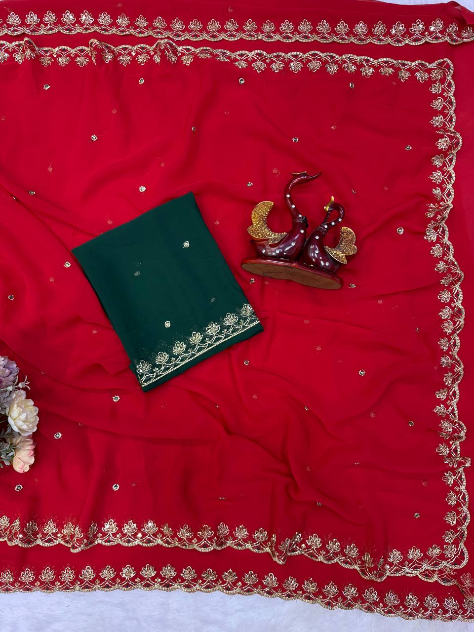 Red Georgette Sequence And Bids Work Saree