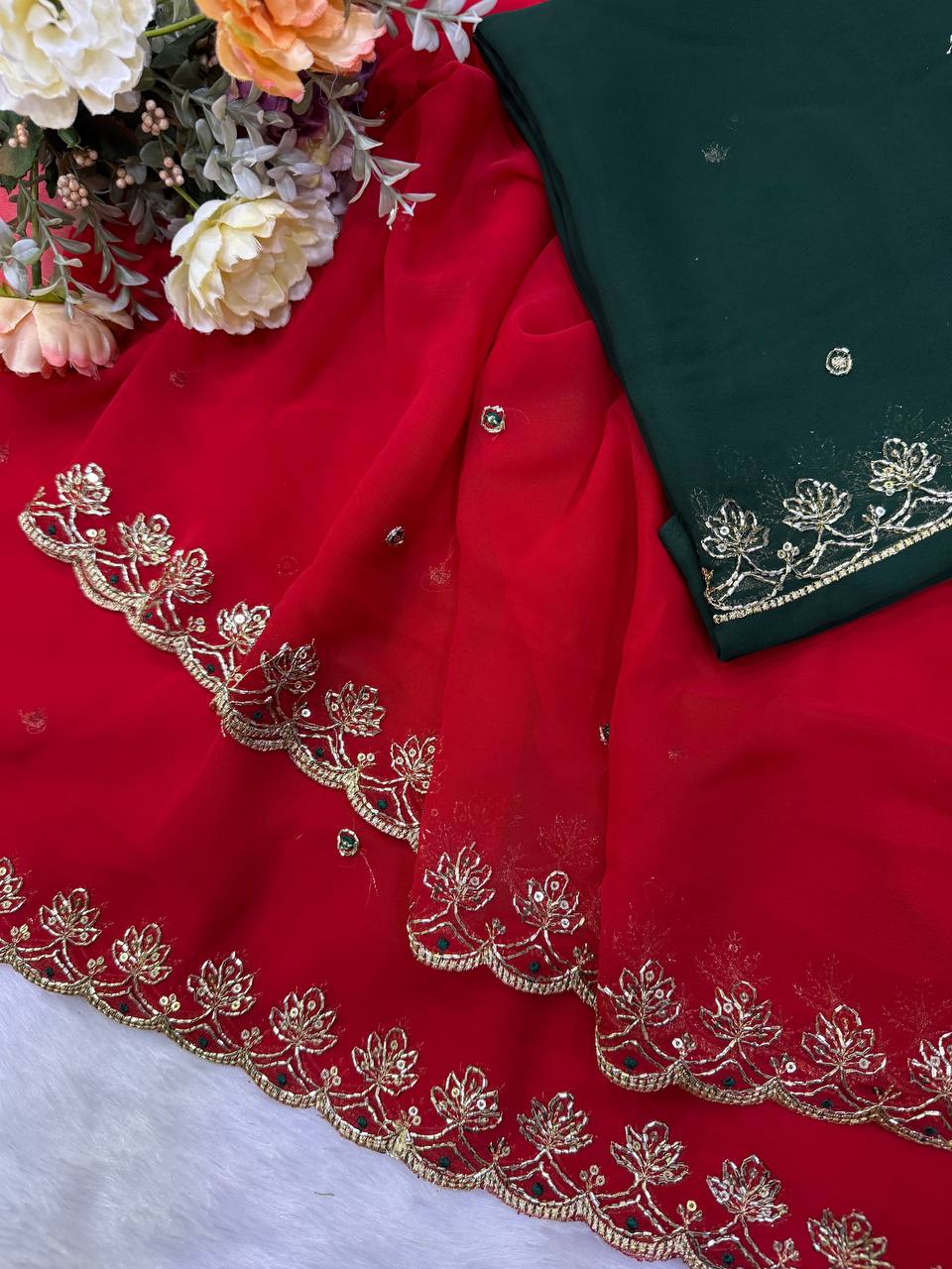 Red Georgette Sequence And Bids Work Saree