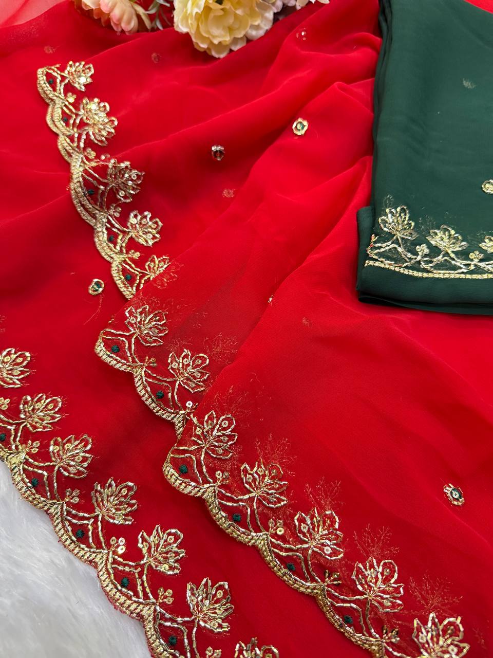 Red Georgette Sequence And Bids Work Saree