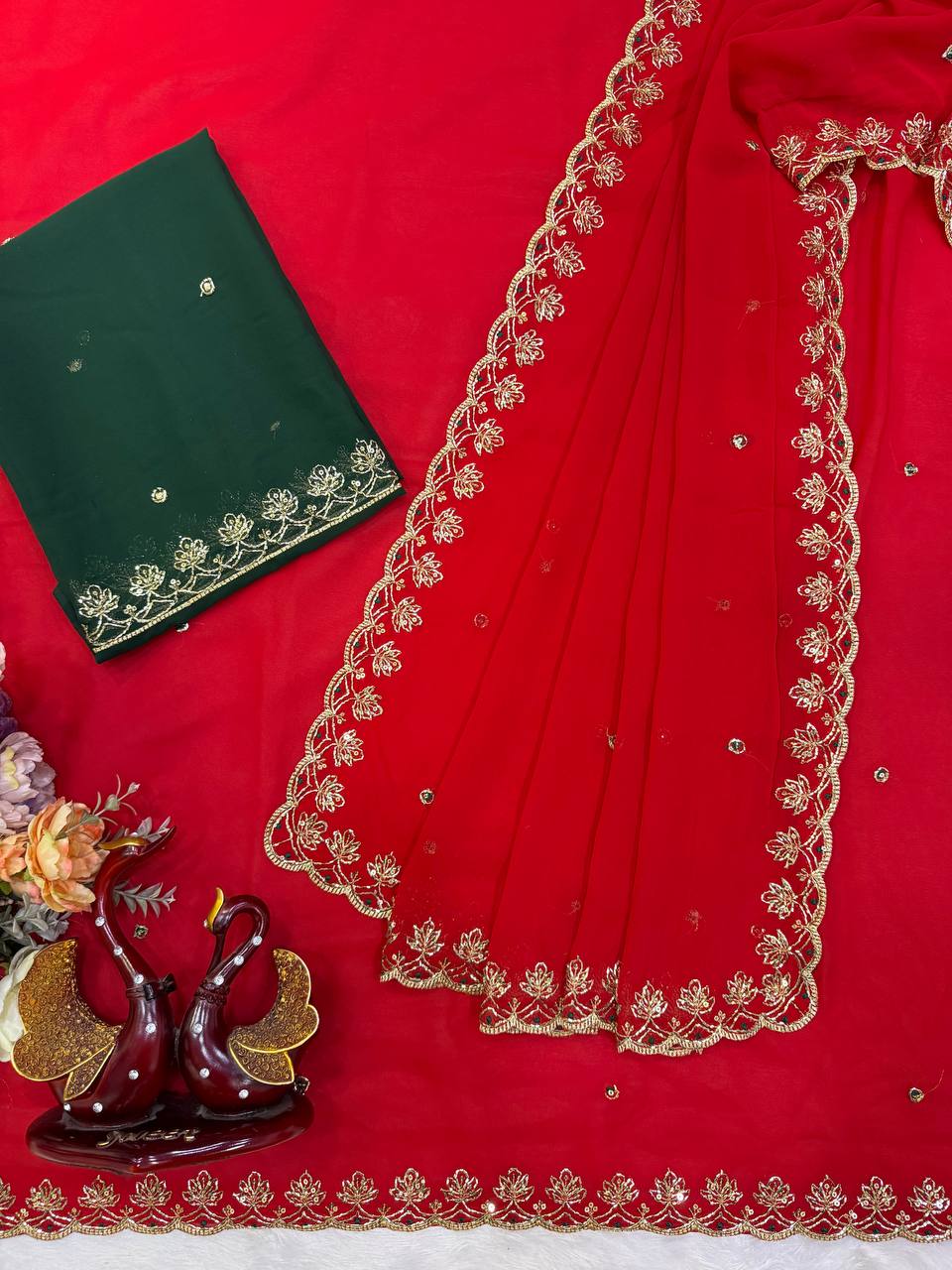 Red Georgette Sequence And Bids Work Saree