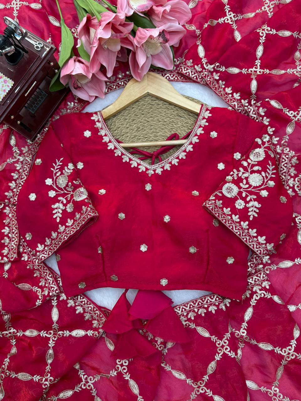 Designer Pink Fandy Silk All Over Embroidery Work Saree