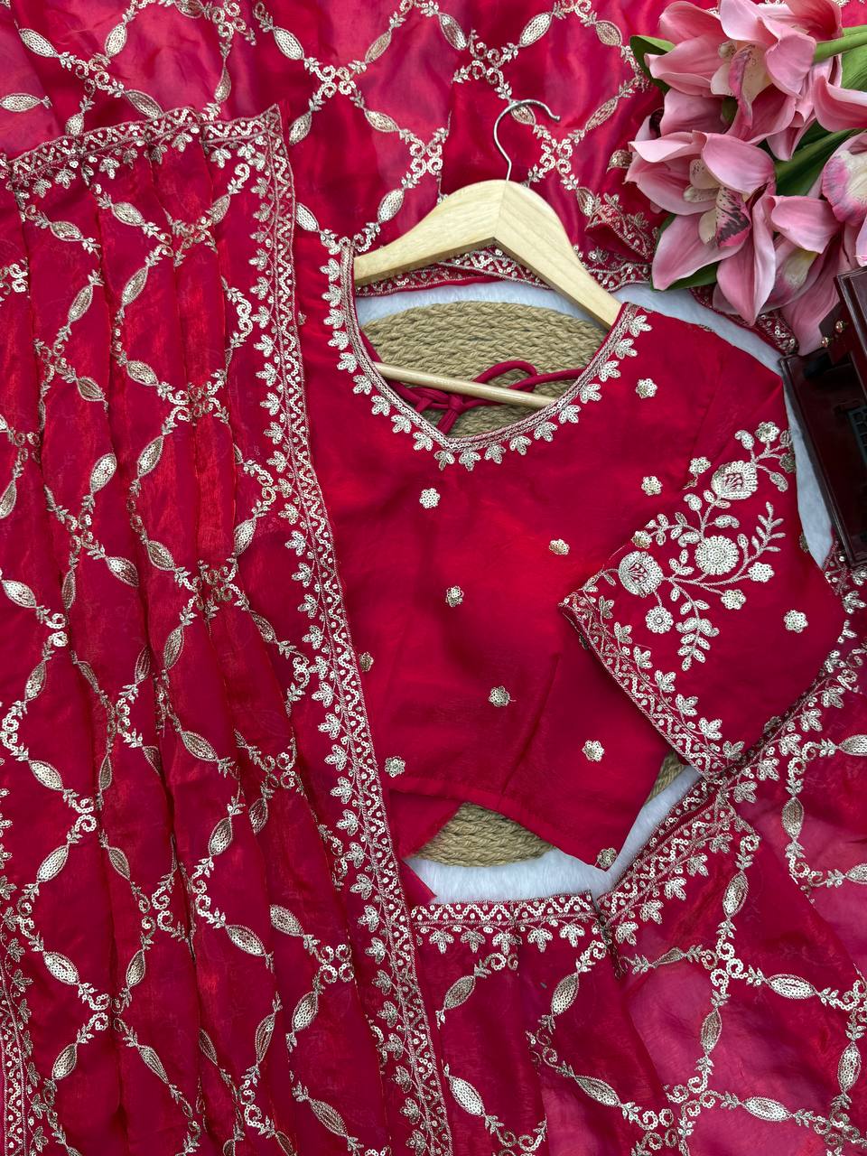 Designer Pink Fandy Silk All Over Embroidery Work Saree