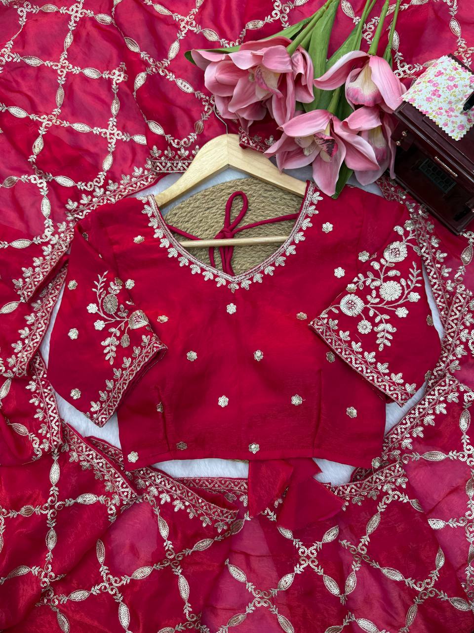 Designer Pink Fandy Silk All Over Embroidery Work Saree