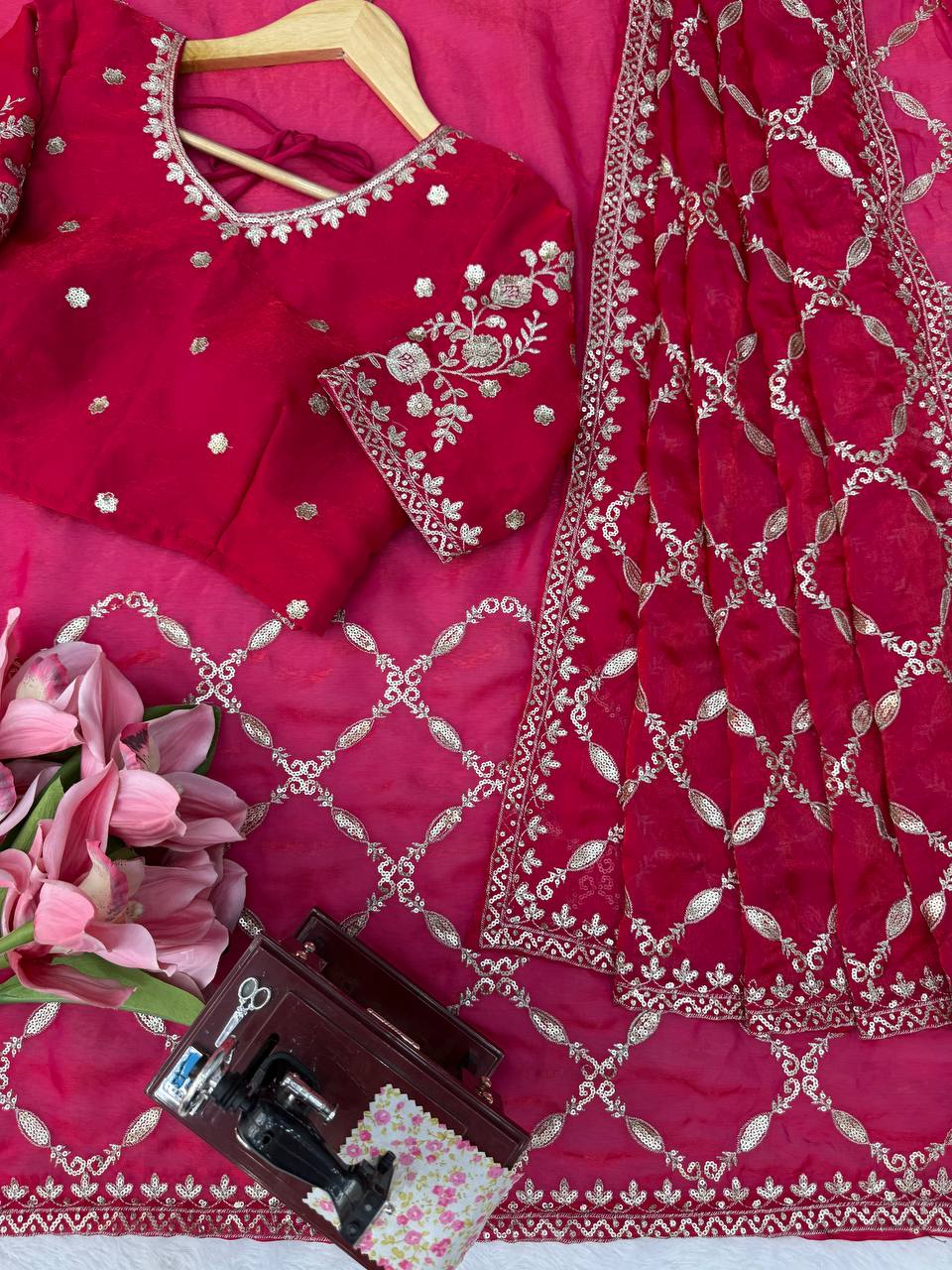 Designer Pink Fandy Silk All Over Embroidery Work Saree
