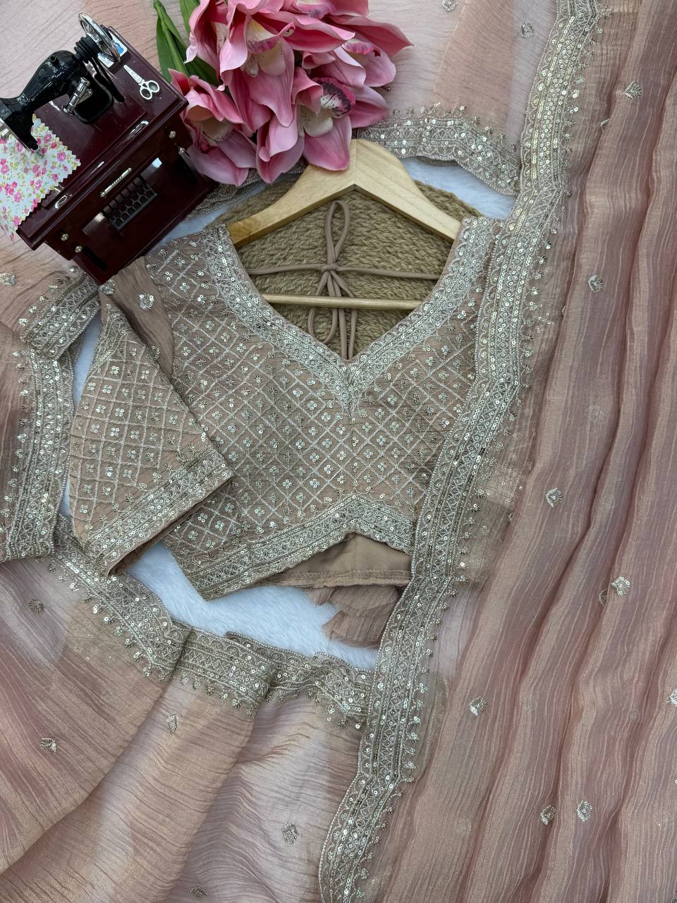 Blush Pink Salsa Crush Saree with Heavy Sequin Embroidered Blouse