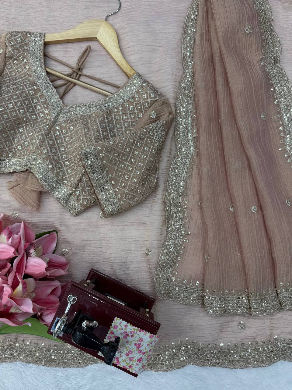 Blush Pink Salsa Crush Saree with Heavy Sequin Embroidered Blouse