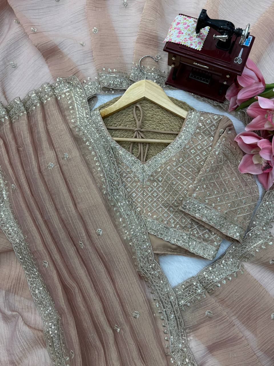 Blush Pink Salsa Crush Saree with Heavy Sequin Embroidered Blouse