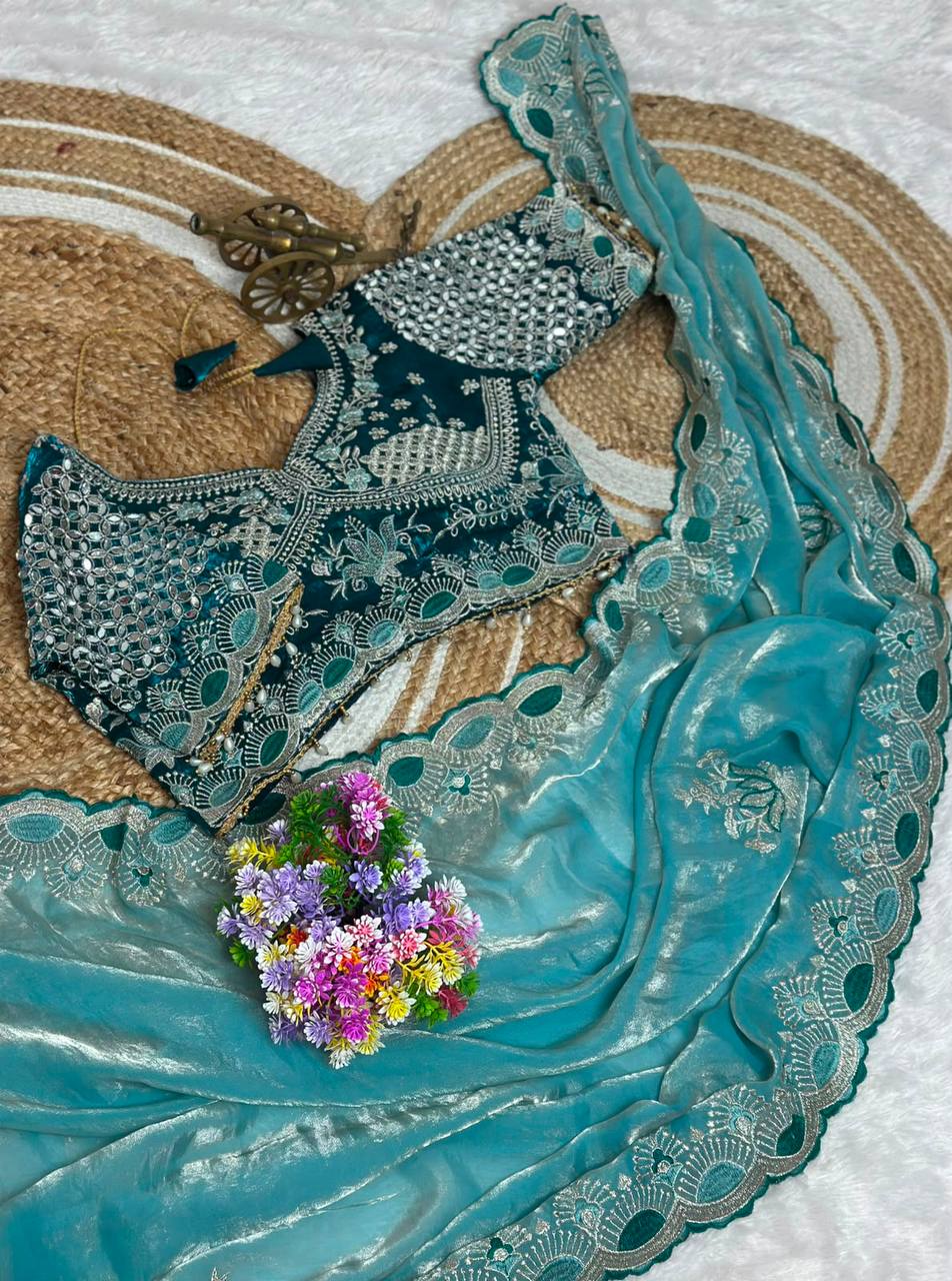 Sky Blue Pure Fancy Satin Saree with Teal Green Real Mirror Stitched Blouse