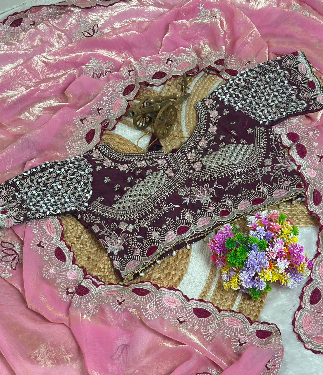 Dusty Pink Pure Fancy Satin Saree with Wine Maroon Real Mirror Stitched Blouse