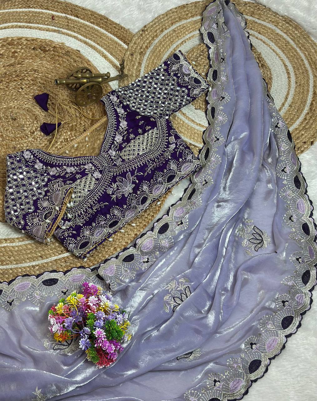 Lavender Purple Pure Fancy Satin Saree with Deep Purple Real Mirror Stitched Blouse