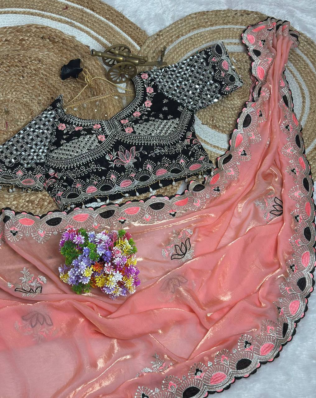 Peach Coral Pure Fancy Satin Saree with Black Real Mirror Stitched Blouse