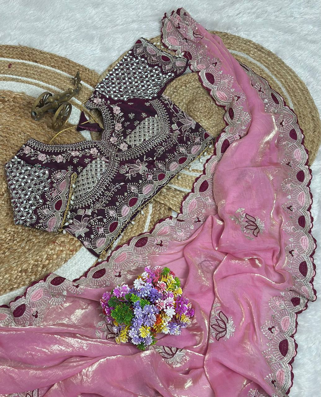 Dusty Pink Pure Fancy Satin Saree with Wine Maroon Real Mirror Stitched Blouse