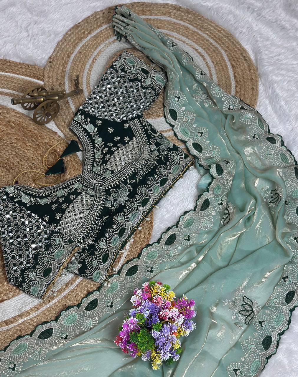 Mint Sage Green Pure Fancy Satin Saree with Emerald Green Real Mirror Stitched Blouse
