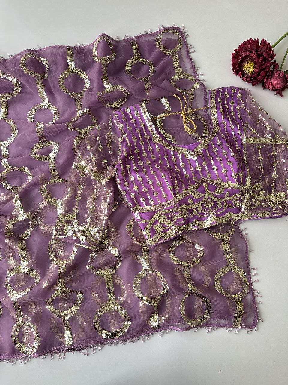 Lilac Purple Net Saree with Gold Circular Sequin Work