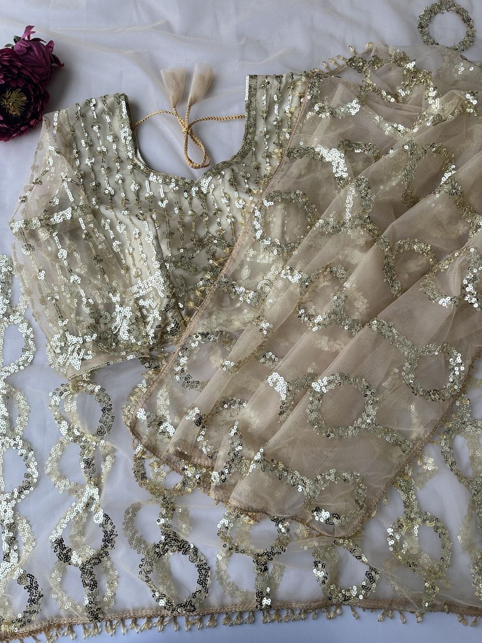 Women's Beige Gold Net Sequined Party Wear Saree