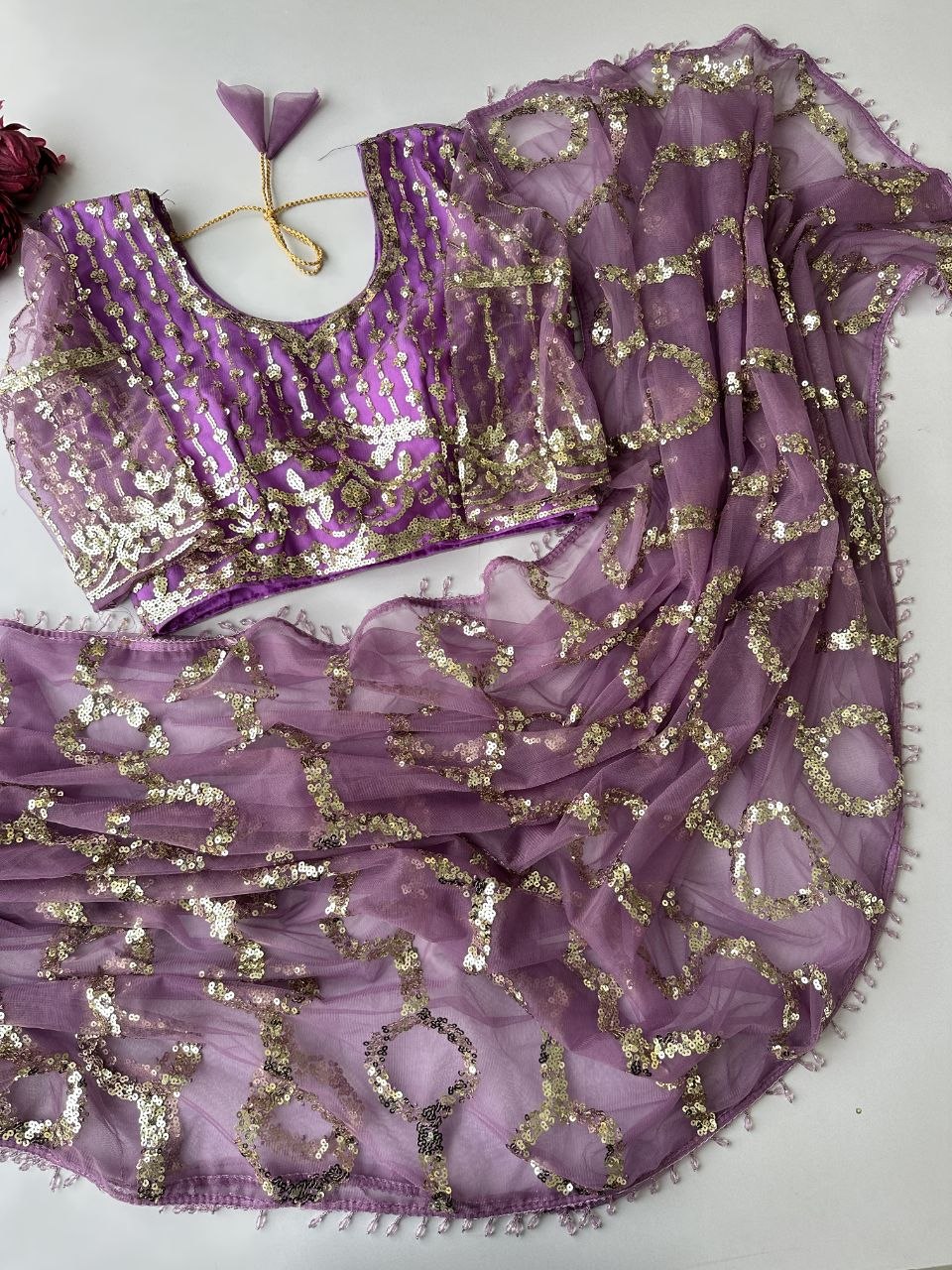 Lilac Purple Net Saree with Gold Circular Sequin Work