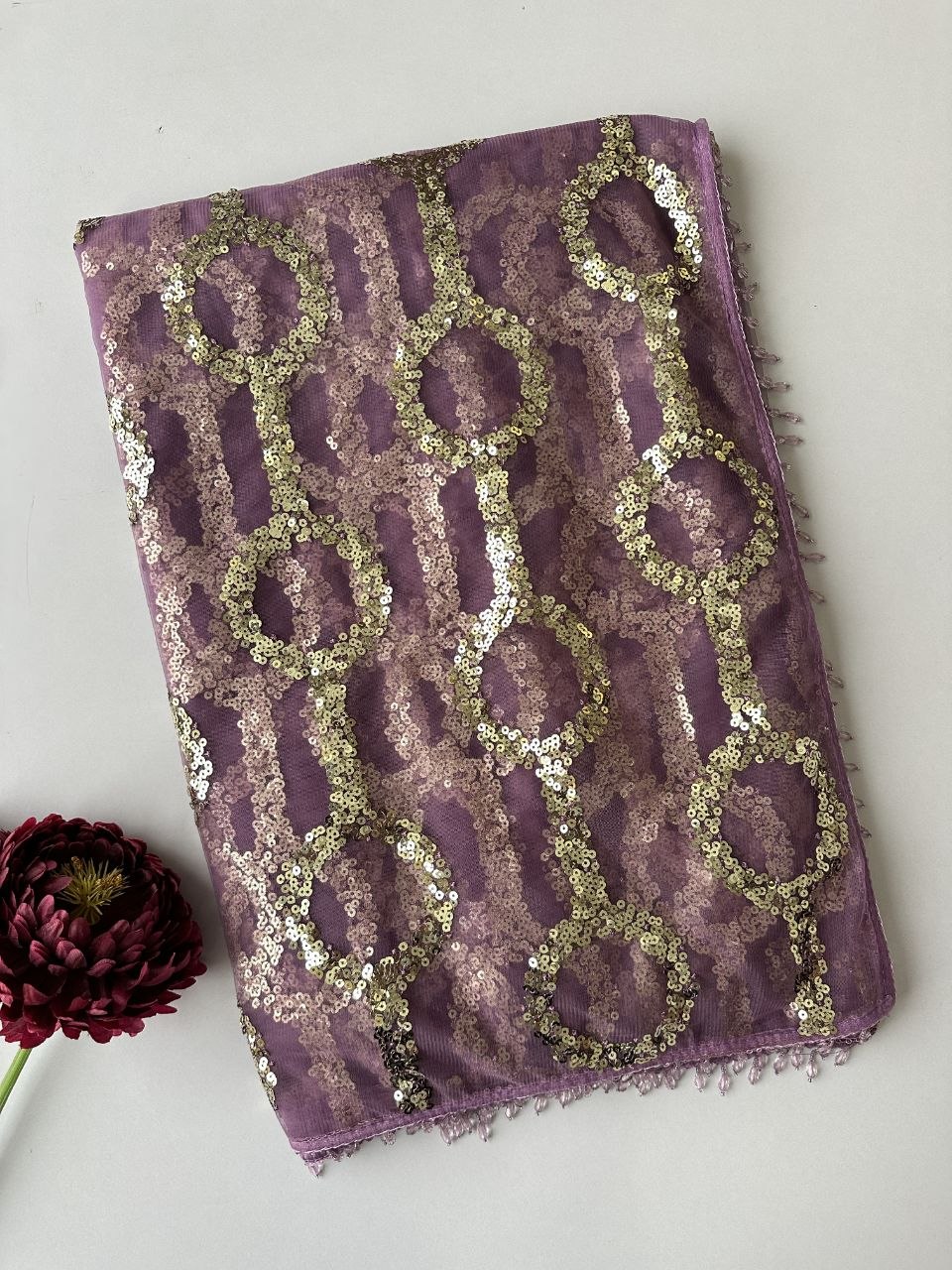 Lilac Purple Net Saree with Gold Circular Sequin Work