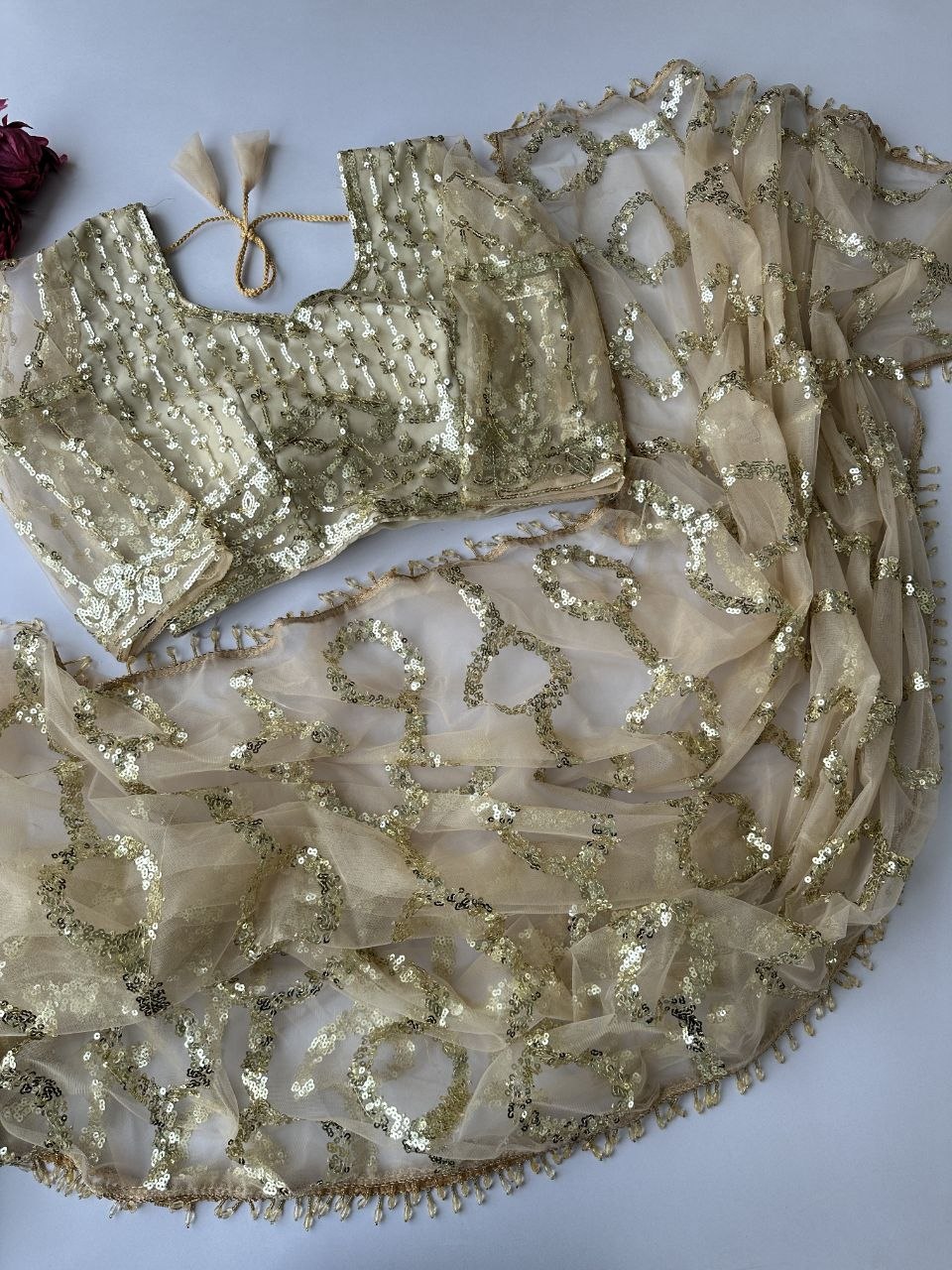 Women's Beige Gold Net Sequined Party Wear Saree
