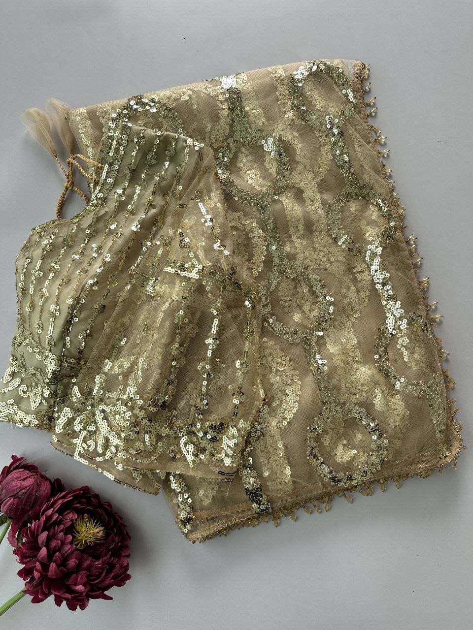 Women's Beige Gold Net Sequined Party Wear Saree