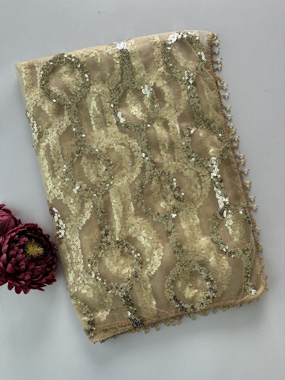 Women's Beige Gold Net Sequined Party Wear Saree
