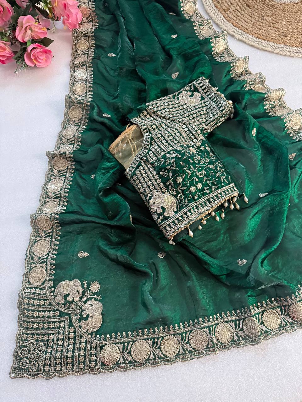 Bottle Green Pure Fancy Satin Saree with Elephant Embroidery & Real Mirror Stitched Blouse