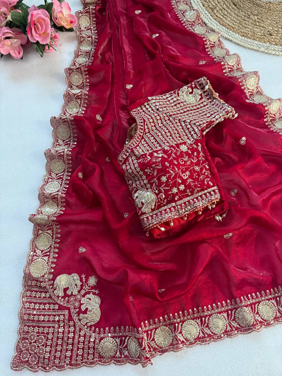 Maroon Red Pure Fancy Satin Saree with Elephant Embroidery & Real Mirror Stitched Blouse