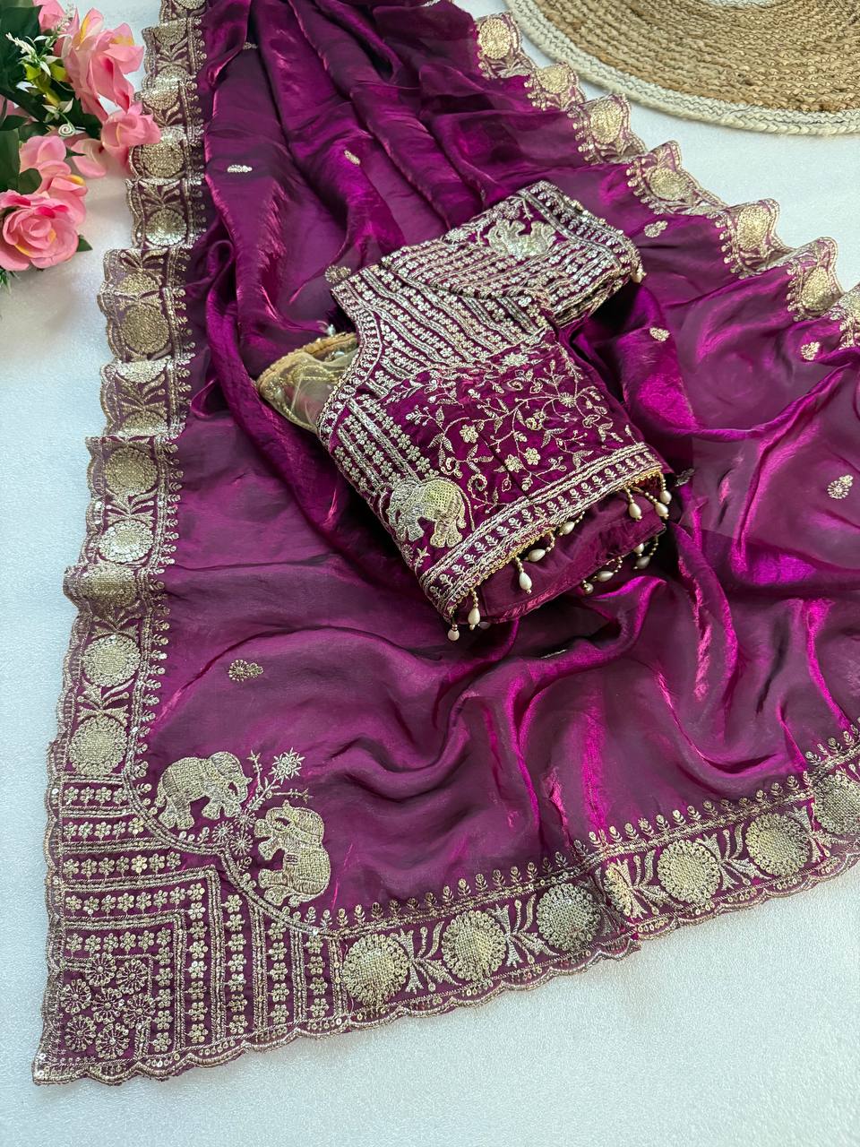 Wine Purple Pure Fancy Satin Saree with Elephant Embroidery & Real Mirror Stitched Blouse