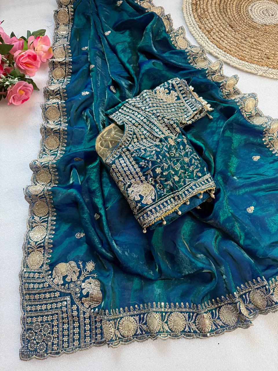 Teal Blue Pure Fancy Satin Saree with Elephant Embroidery & Real Mirror Stitched Blouse