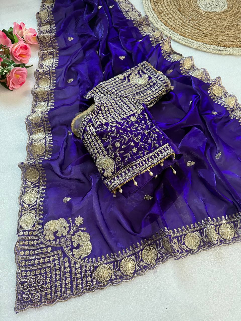 Royal Blue Pure Fancy Satin Saree with Elephant Embroidery & Real Mirror Stitched Blouse