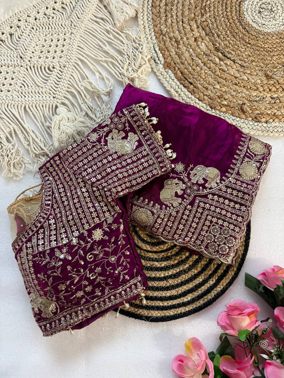 Wine Purple Pure Fancy Satin Saree with Elephant Embroidery & Real Mirror Stitched Blouse