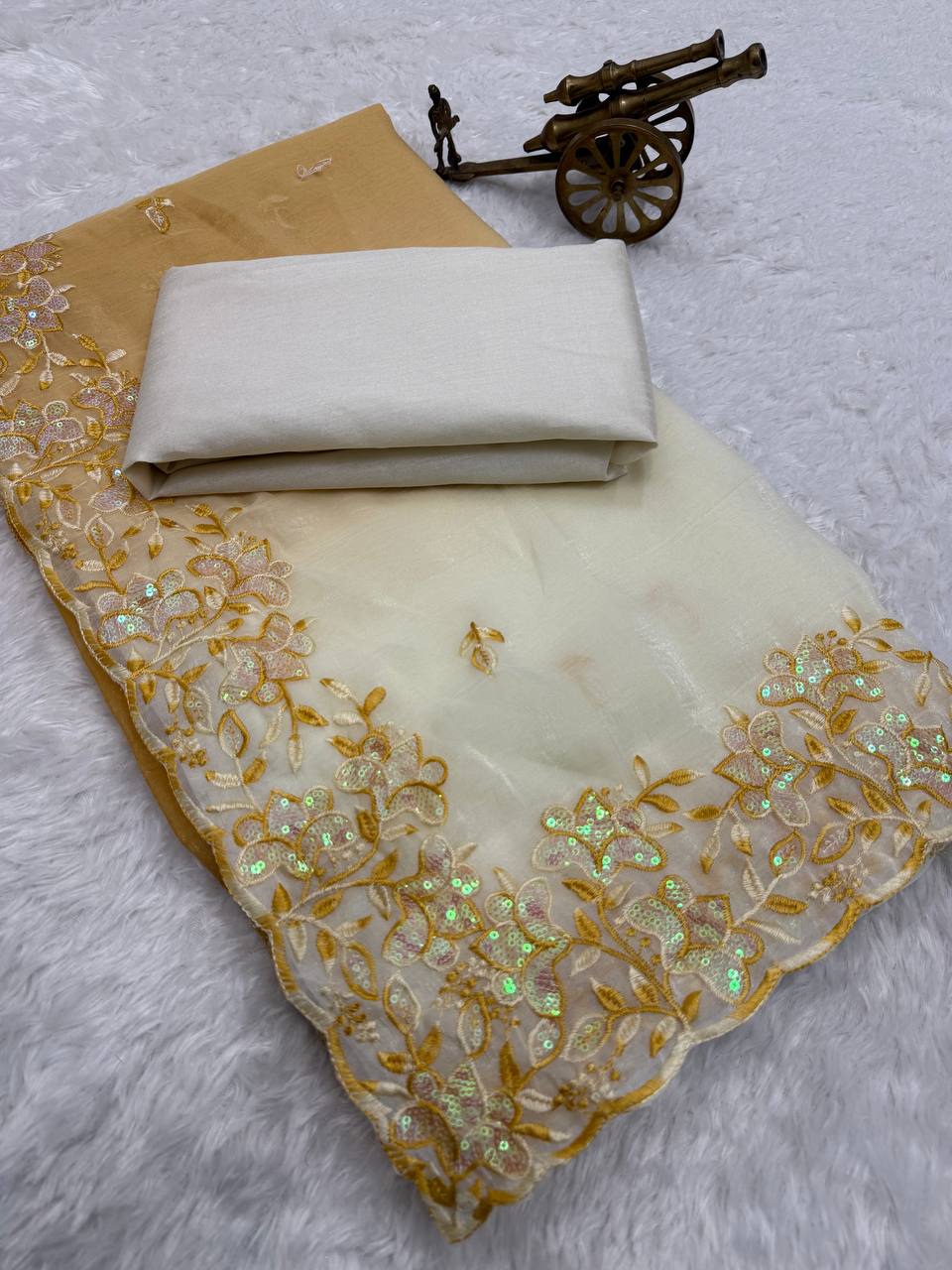 Gold Shaded Premium Crunchy Padding Saree with Multi Thread Embroidery & Arco Cutwork Border