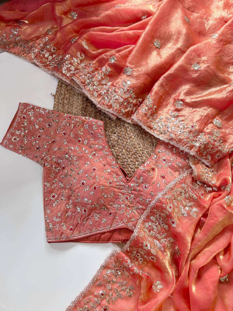 Coral Peach Pure Soft Fandy Satin Silk Saree with All-Over Floral Sequence Embroidery & Multi Border Aarco Work