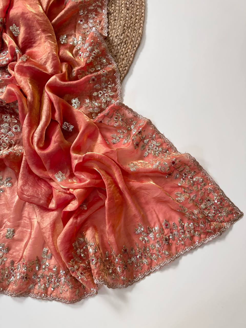 Coral Peach Pure Soft Fandy Satin Silk Saree with All-Over Floral Sequence Embroidery & Multi Border Aarco Work